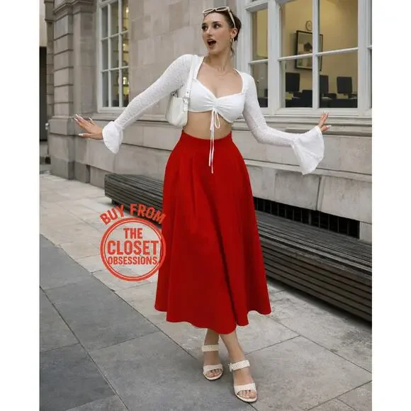 ZARA Blogger Fave Bright Red A-Line High Waist Midi Skirt NWT - Picture 2 of 16